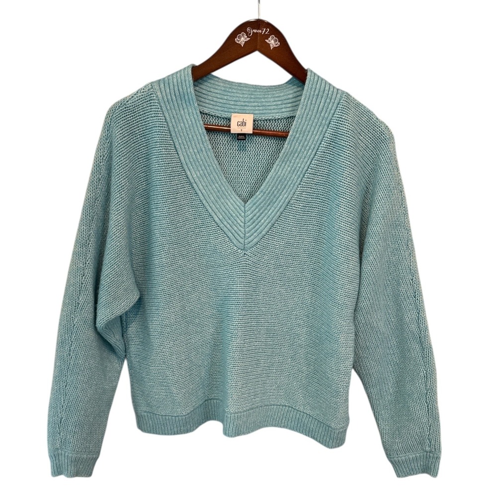 Cabi V-Neck Cotton Blend Knit Sweater Aqua Small Chunky Coastal Oversized